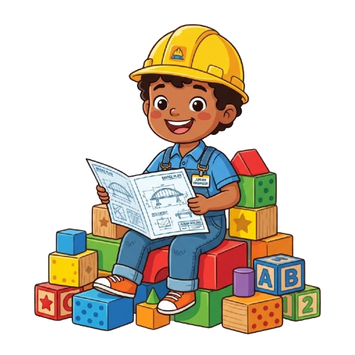 Child dressed as a civil engineer sitting on building blocks